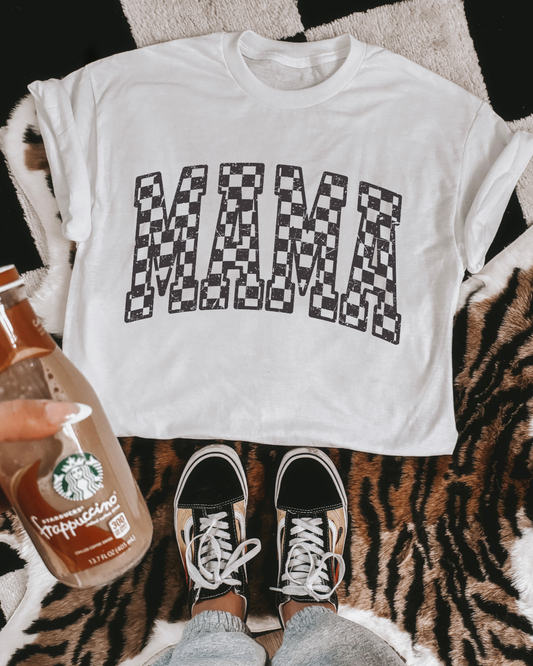 distressed checkered mama tee